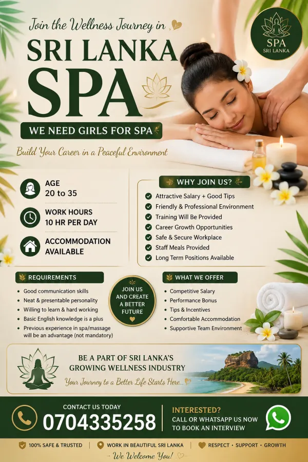 Hii We are looking Girls for Our Spa. | Lanka Ads New